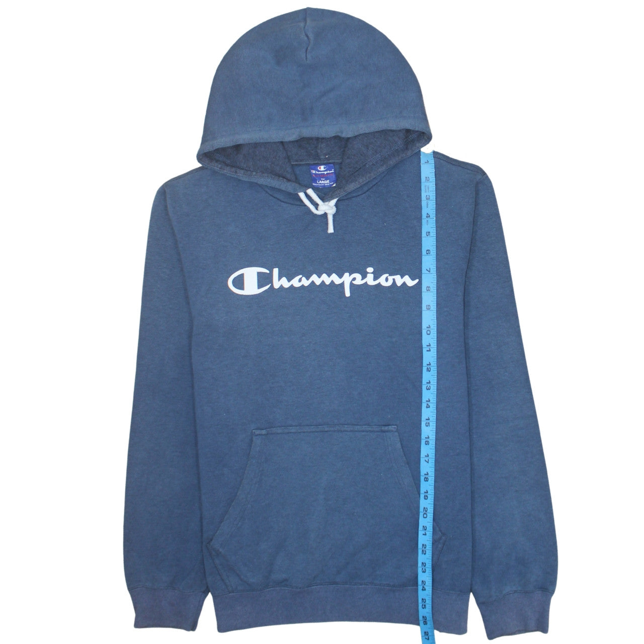 Champion Mens Blue Pullover Hoodie Large Logo Sports Cotton Blend