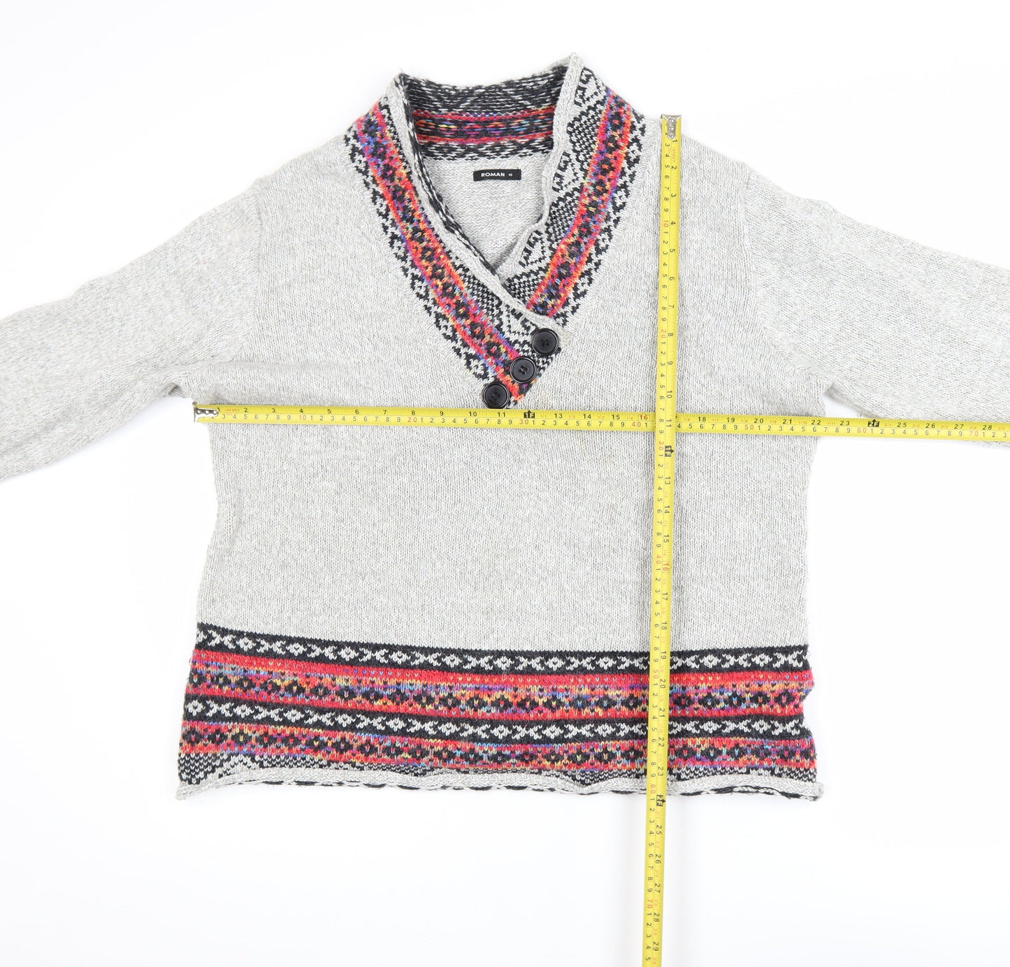 Roman Women Grey Fair Isle Knit V-Neck Button Jumper Size 18