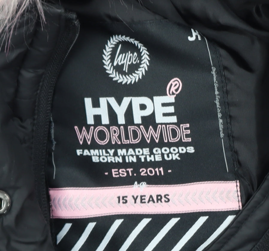 Hype Girls Black Puffer Jacket 15 Years Hooded Faux Fur Trim Winter Coat