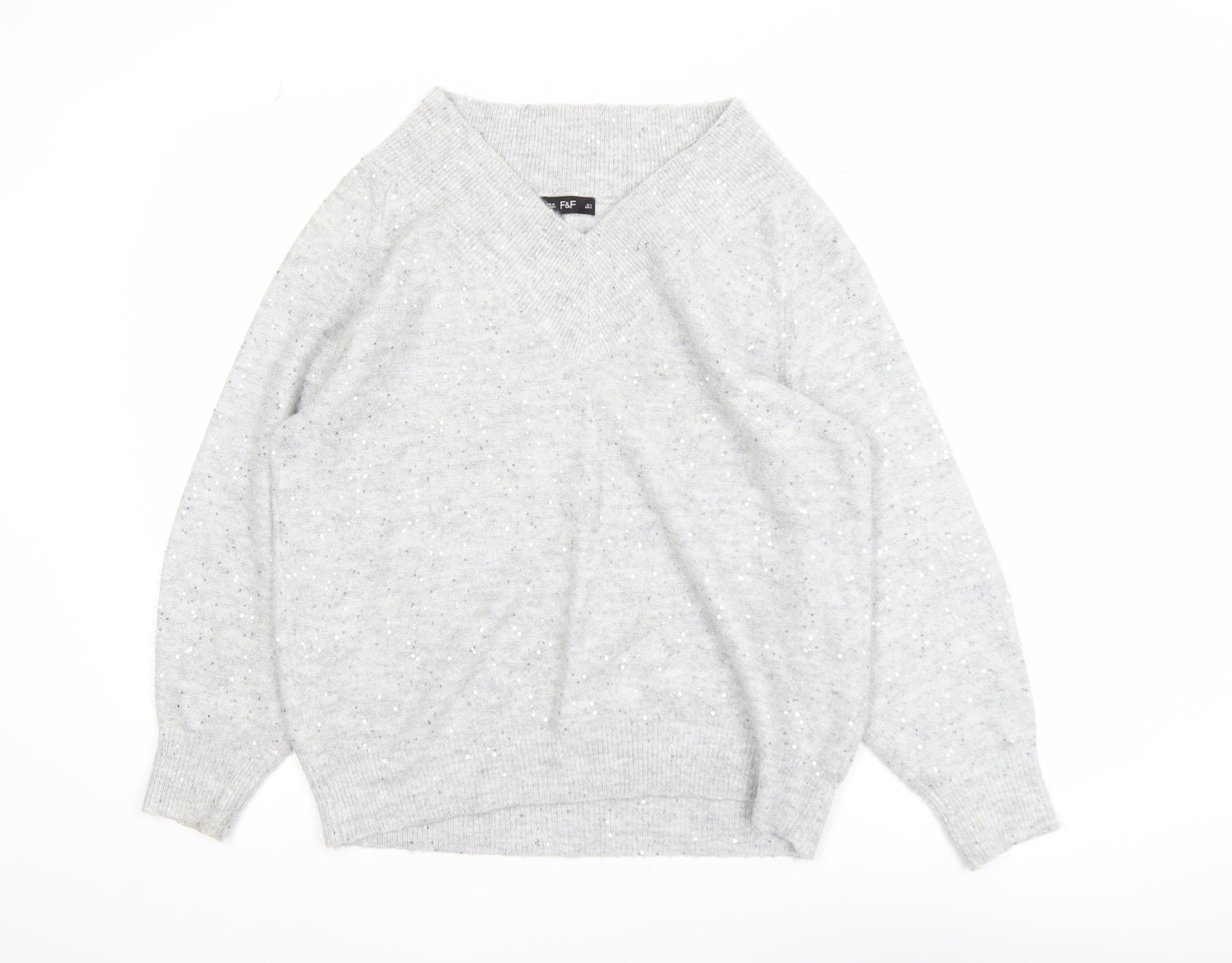 F&F Women's Grey V-Neck Sequin Knit Jumper Size M