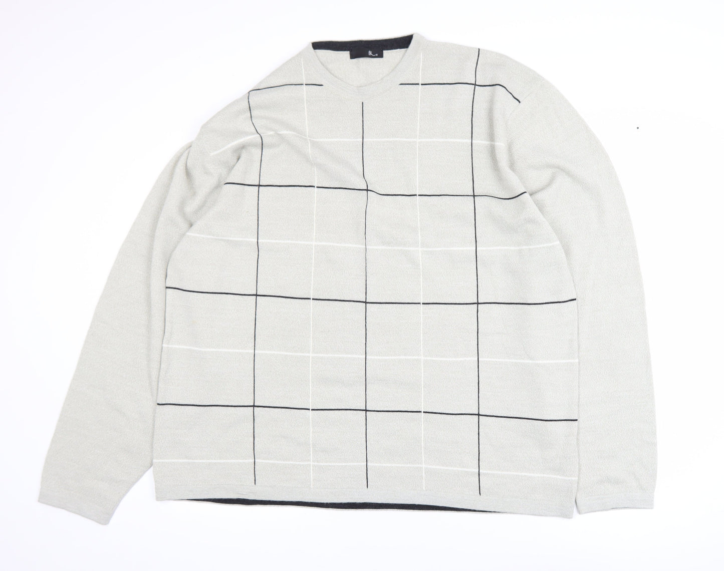 BHS Men’s Beige Check Crew Neck 2XL Acrylic Pullover Jumper