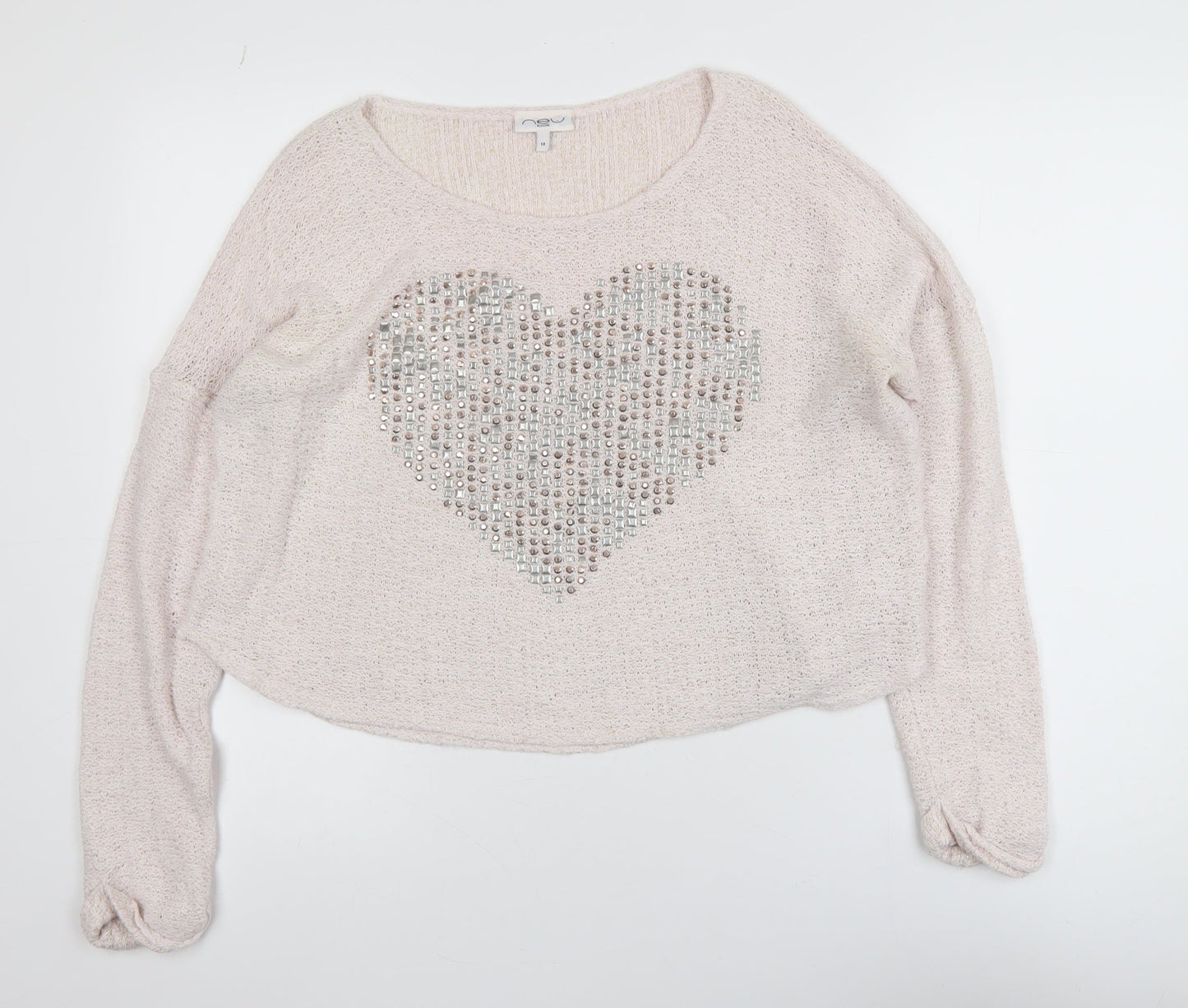 New Look Womens Beige Sequin Heart Knit Jumper Size 14
