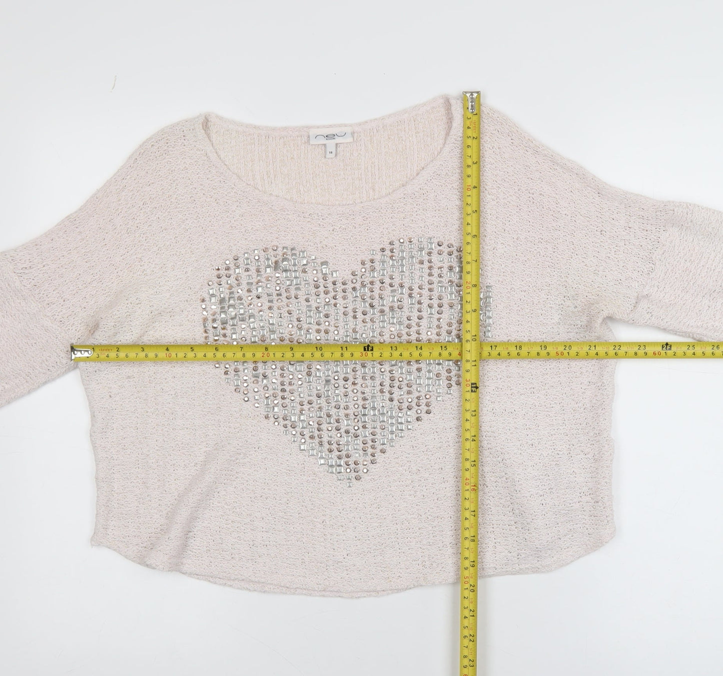 New Look Womens Beige Sequin Heart Knit Jumper Size 14