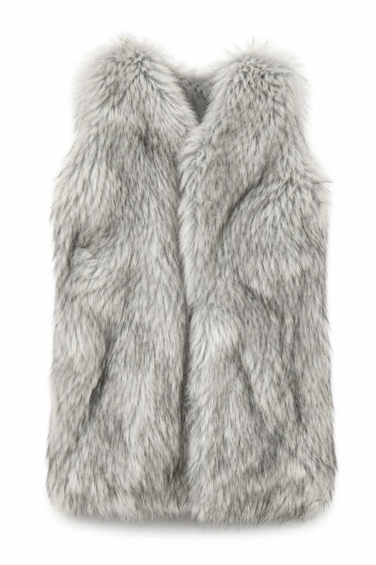 Front view of Atmosphere Women’s Grey Faux Fur Waistcoat, size M, Sleeveless Lined