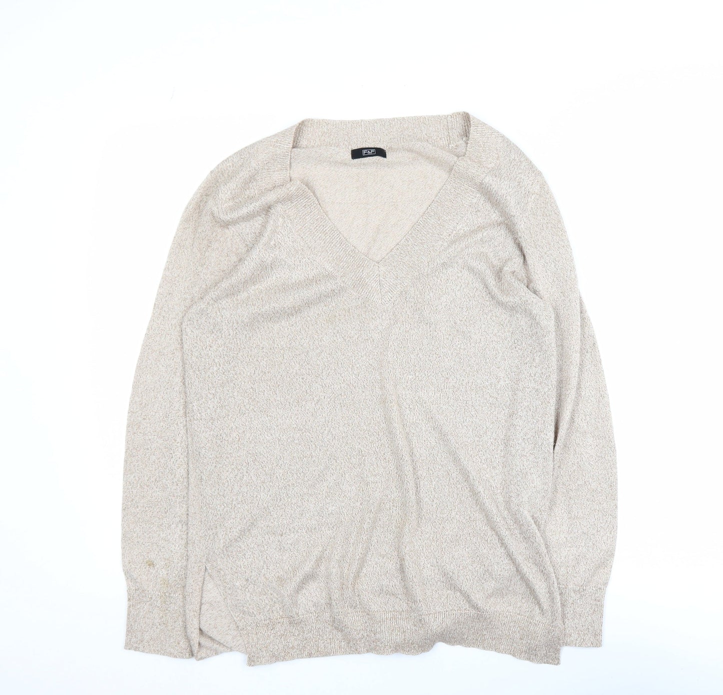 F&F Women’s Beige V-Neck Long Sleeve Pullover Jumper Size 12