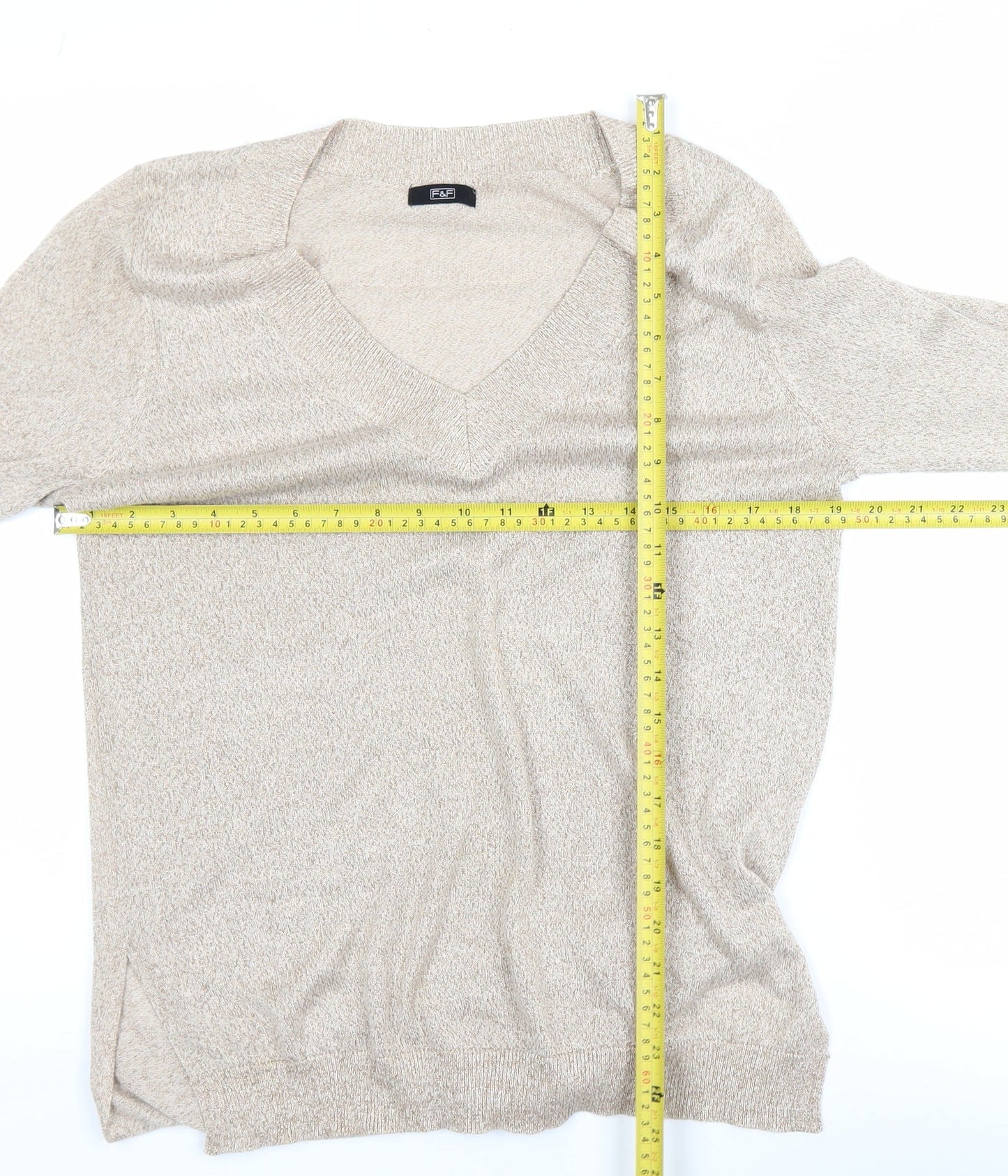 F&F Women’s Beige V-Neck Long Sleeve Pullover Jumper Size 12