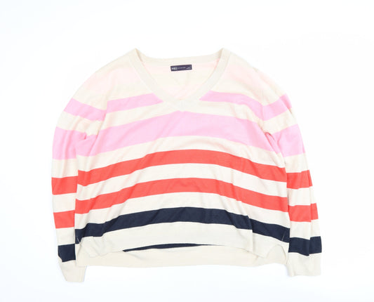Marks and Spencer Women’s Multicoloured Striped V-Neck Acrylic Jumper Size L