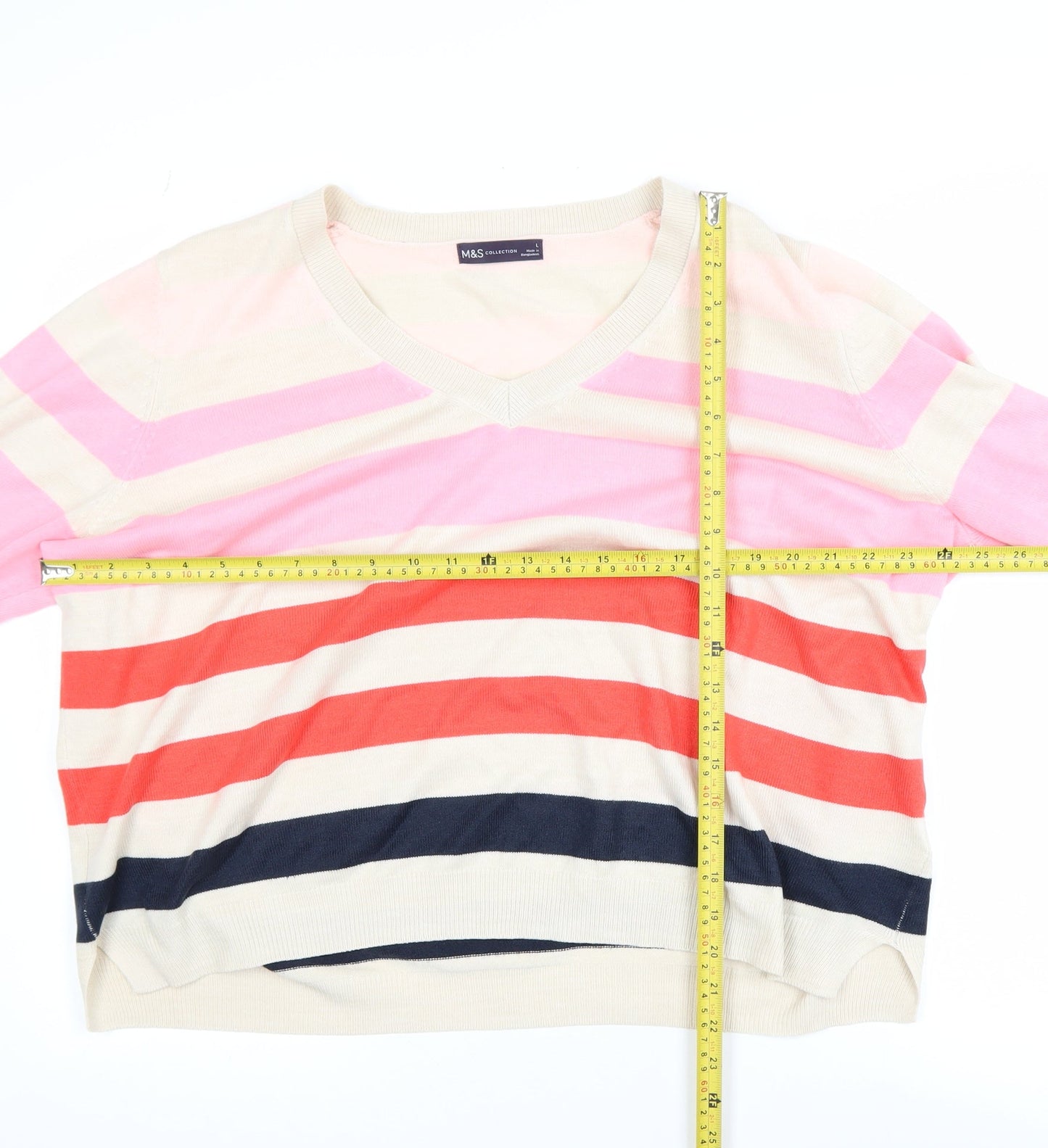 Marks and Spencer Women’s Multicoloured Striped V-Neck Acrylic Jumper Size L