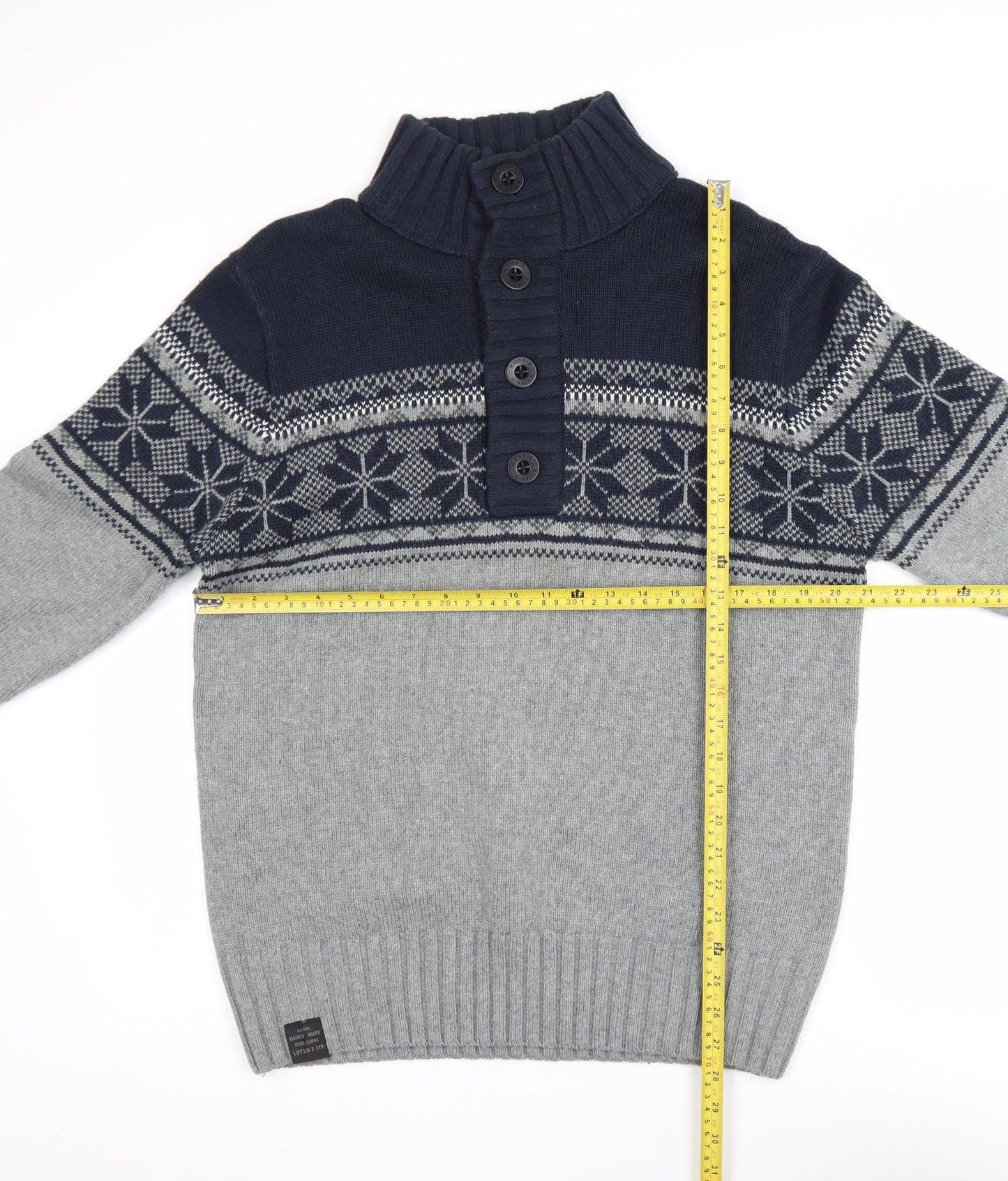 Next Men’s Grey Fair Isle Henley Jumper M Wool Blend Winter Knitwear