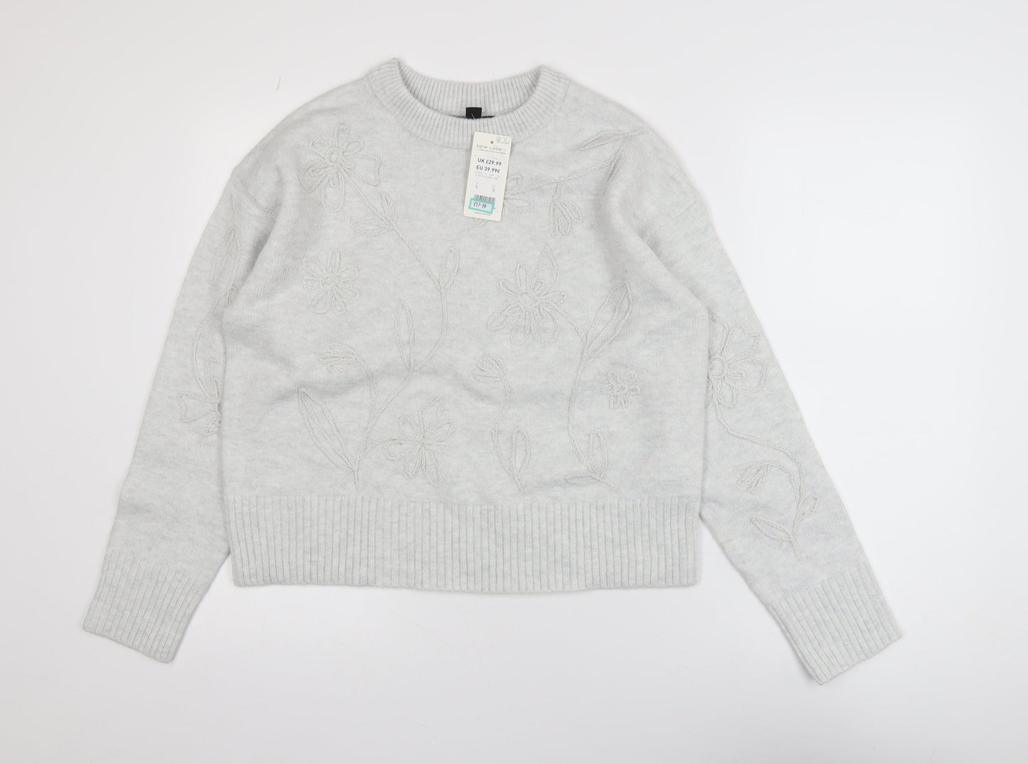 New Look Women’s Grey Floral Embroidered Knit Jumper Size S