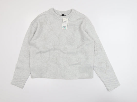 New Look Women’s Grey Floral Embroidered Knit Jumper Size S