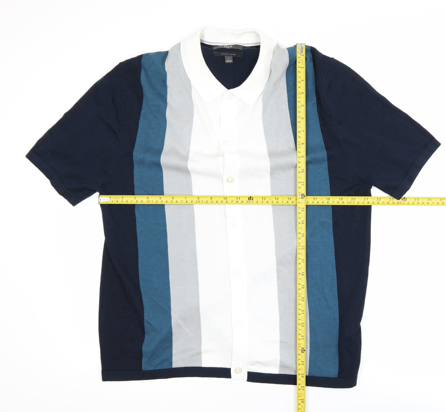 Marks and Spencer Men's Blue Striped Collared Short Sleeve Cardigan L