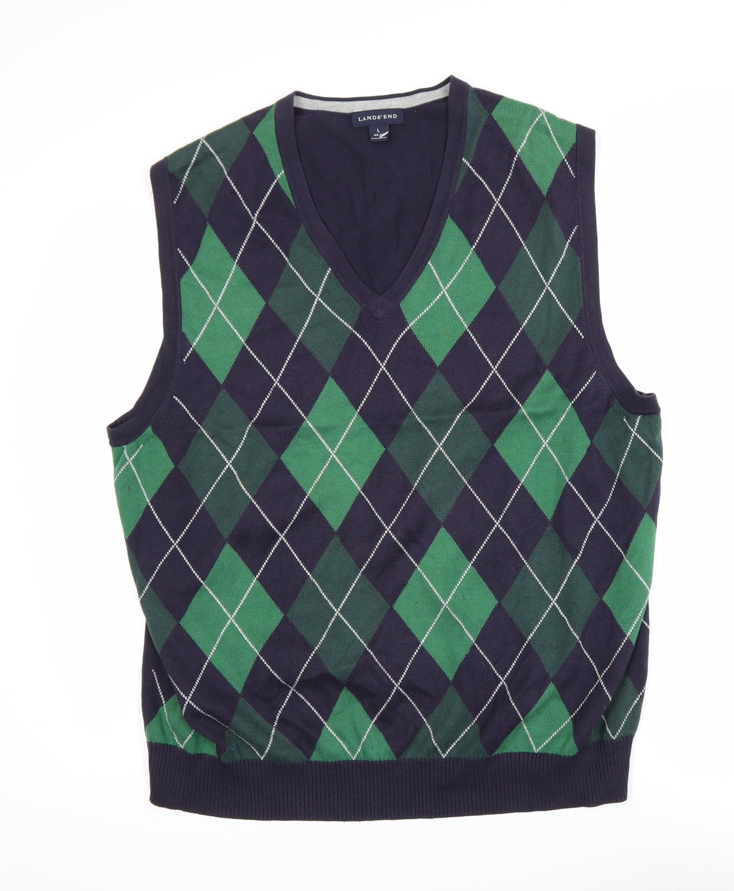Lands’ End Men’s Blue Green Argyle Cotton Sleeveless Vest Jumper L