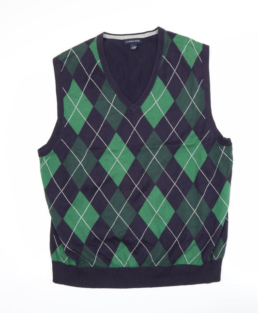 Lands’ End Men’s Blue Green Argyle Cotton Sleeveless Vest Jumper L