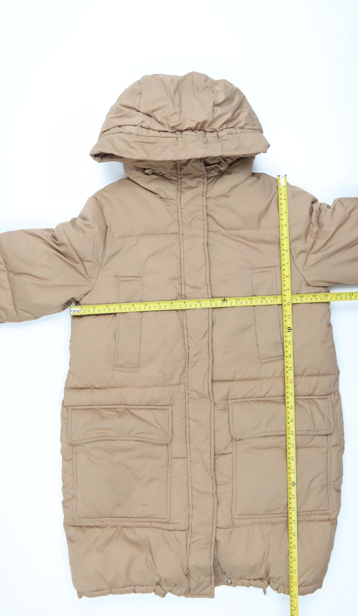 H&M Women Beige XS Long Puffer Coat Hooded Winter Warm Jacket