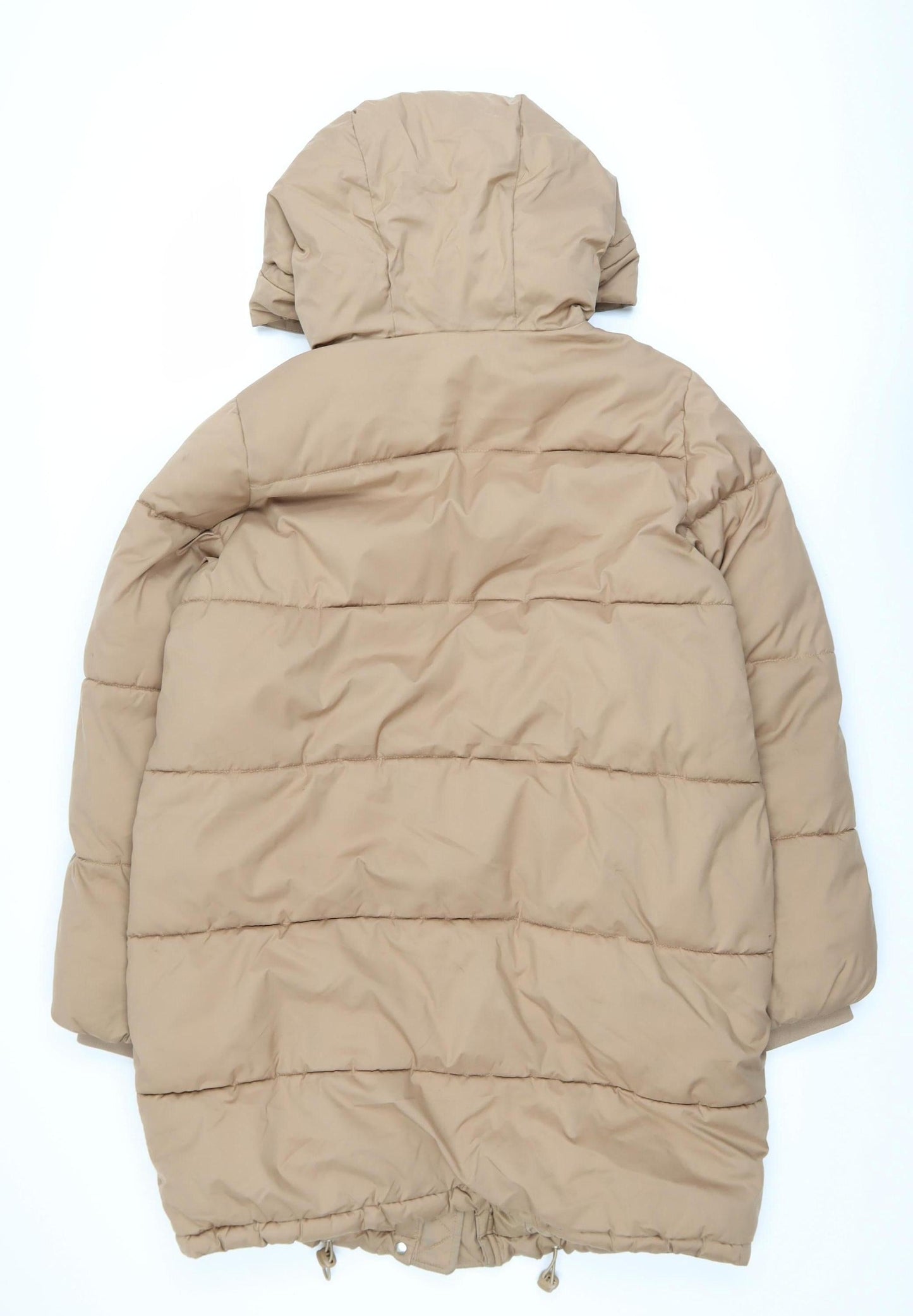H&M Women Beige XS Long Puffer Coat Hooded Winter Warm Jacket