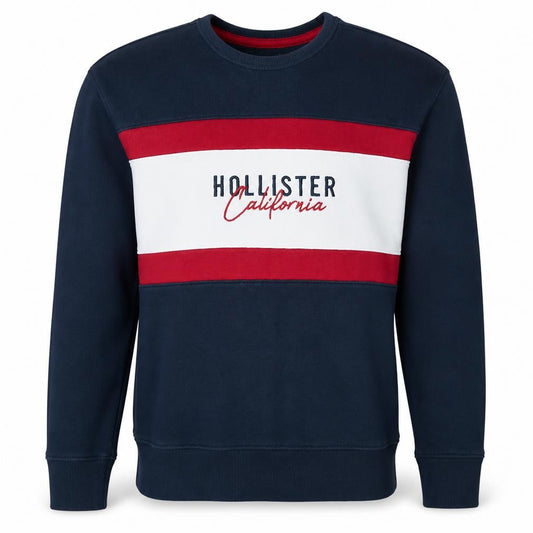 Hollister Men Navy Red Crew Neck Pullover Sweatshirt Size S