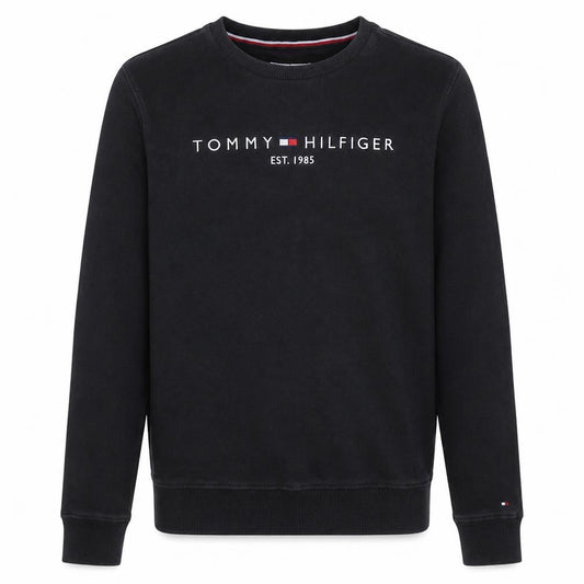 Front view of Tommy Hilfiger boys’ black logo crew neck sweatshirt, size 16, years