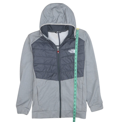 Close-up detail of The North Face boys’ grey hooded full zip puffer jacket 18-20 years