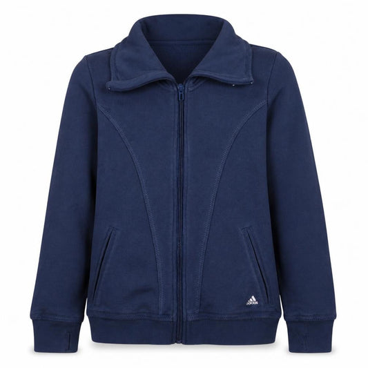 Front view of Adidas girls’ navy full zip sweatshirt hoodie, size 14-15, years