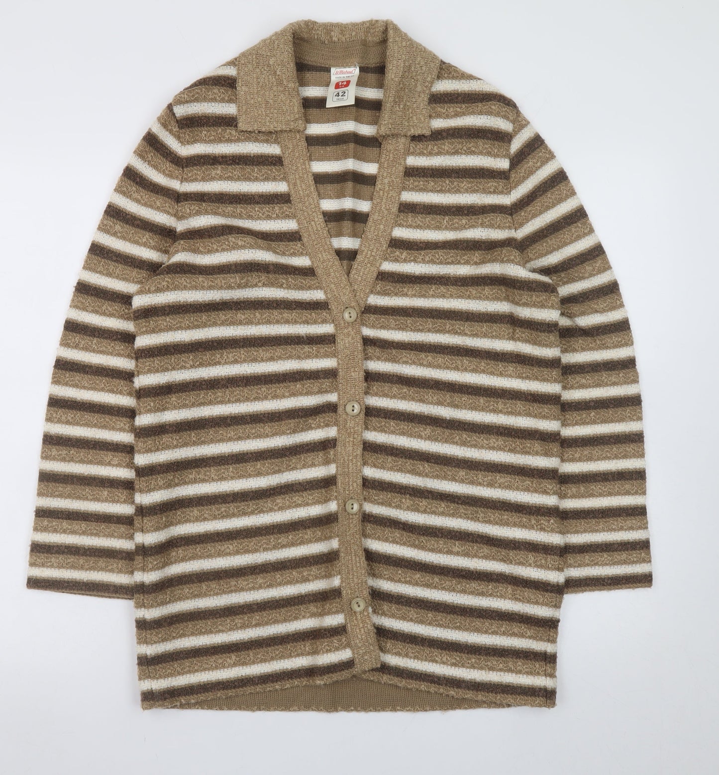 Marks and Spencer St Michael Womens Beige Brown Striped Cardigan Size 14