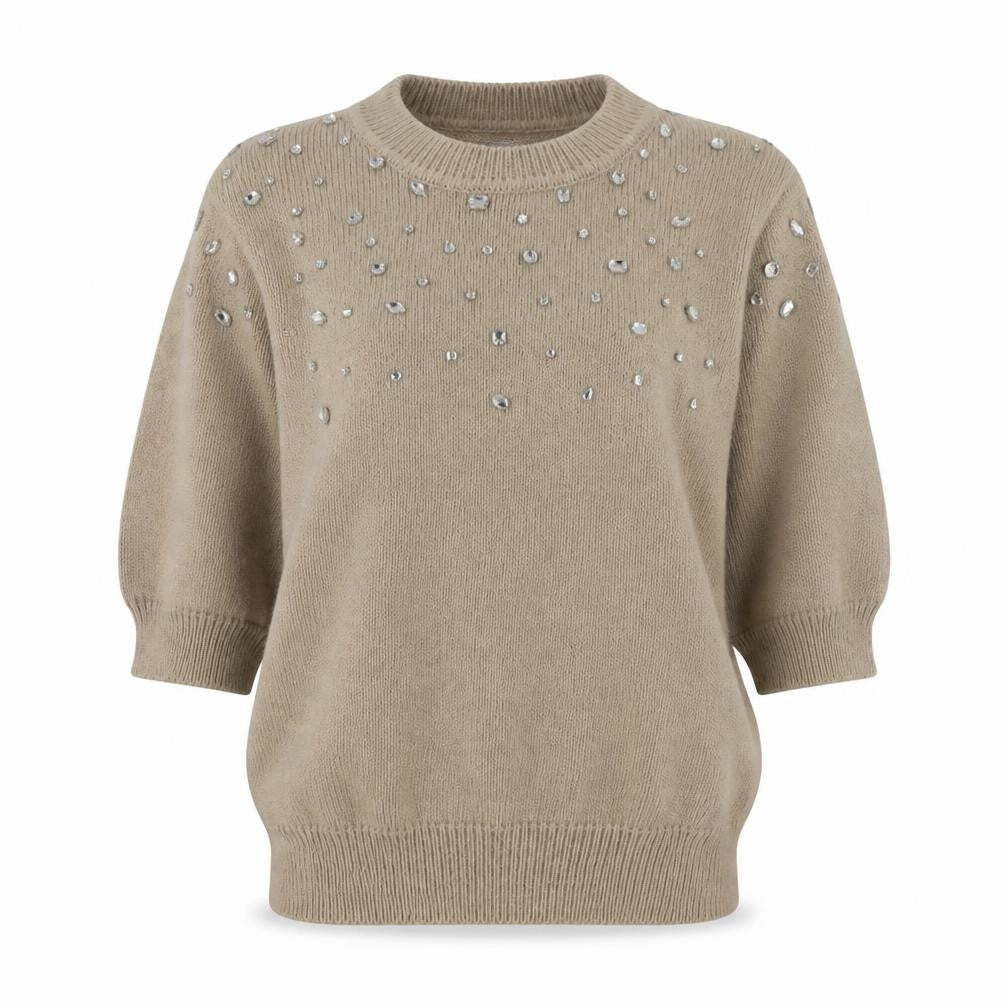 Zara Womens Beige Embellished Knit Jumper Size S Short Sleeve