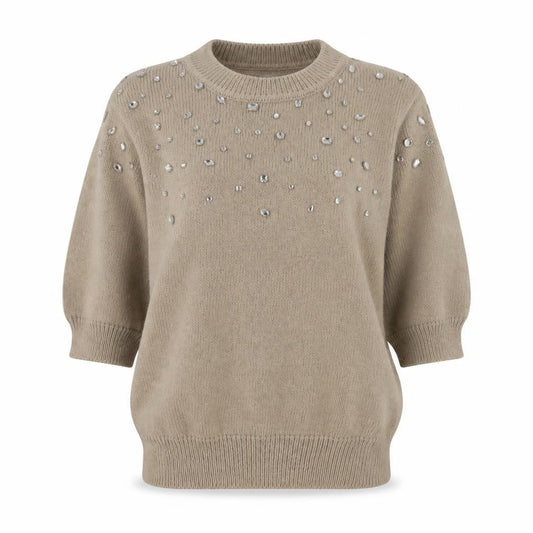 Zara Womens Beige Embellished Knit Jumper Size S Short Sleeve