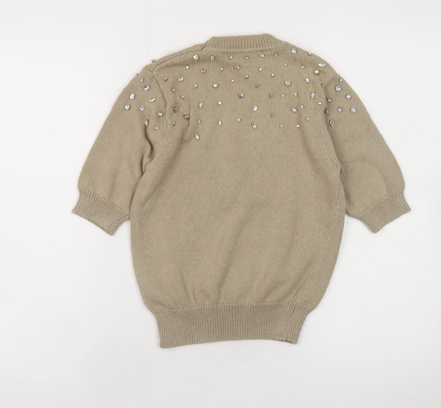 Zara Womens Beige Embellished Knit Jumper Size S Short Sleeve