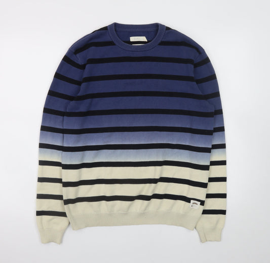 Foxton Men's Blue Striped Cotton Crew Neck Jumper Size S