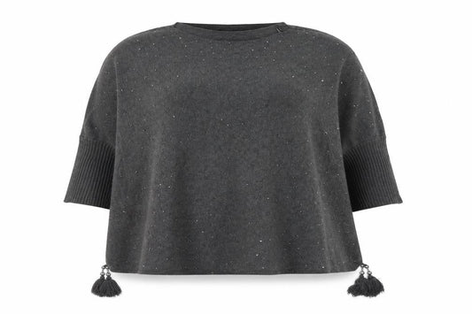 Front view of Roman Women Grey Beaded Tassel Knit Cape Jumper One Size