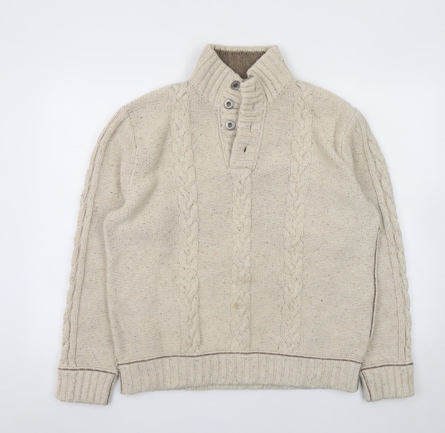 Mantaray Men's Beige Cable Knit Henley Jumper Size M
