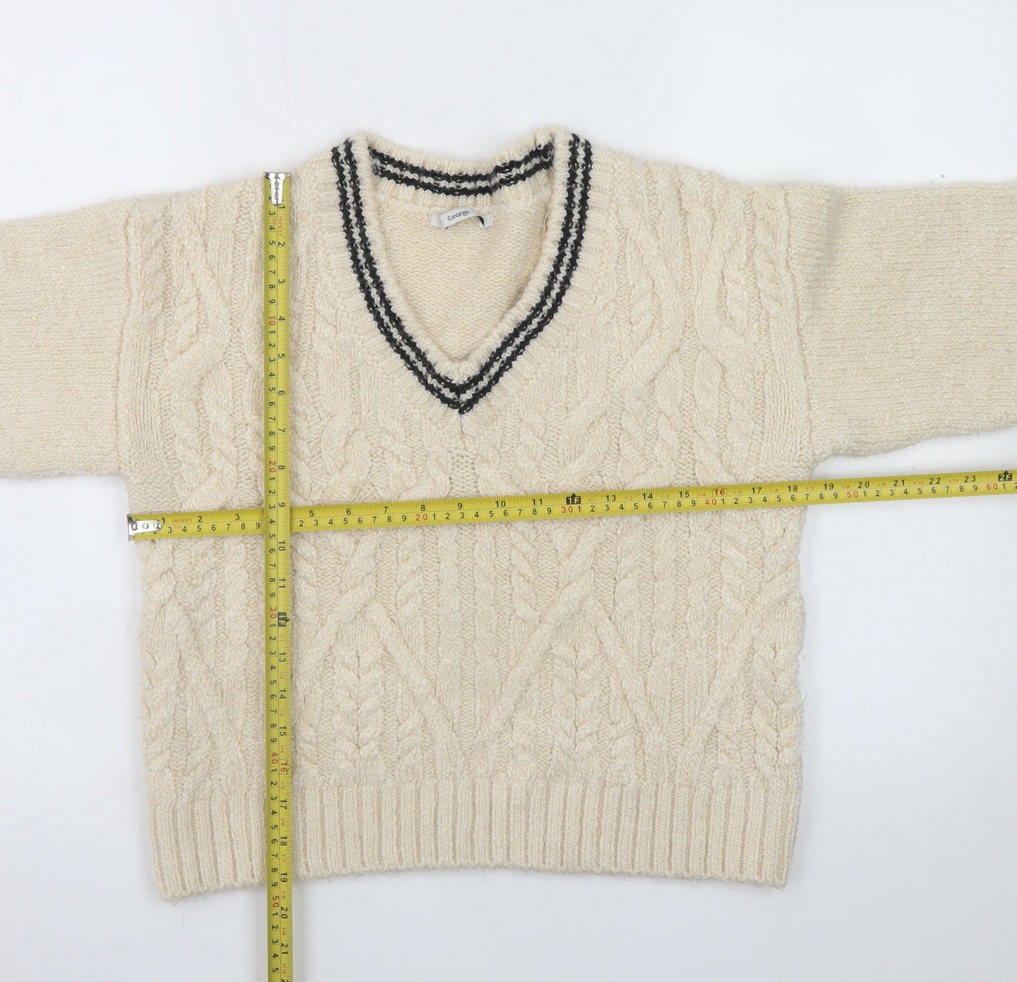 George Womens Ivory Cable-Knit V-Neck Pullover Jumper M 12-14