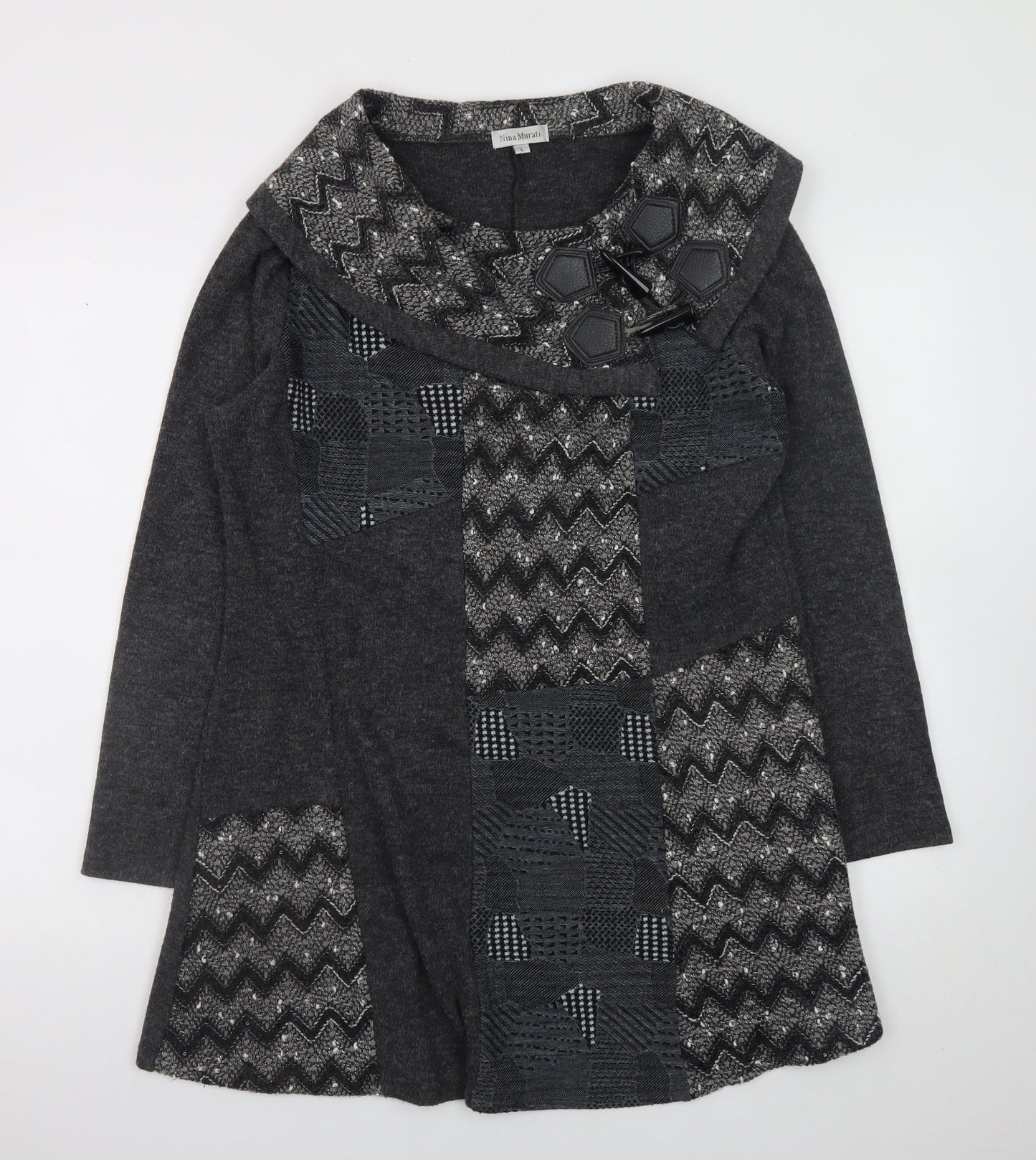 Nina Murati Women Grey Knit Shift Dress L Long Sleeve Cowl Neck