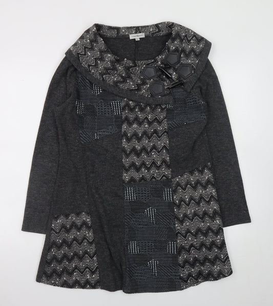 Nina Murati Women Grey Knit Shift Dress L Long Sleeve Cowl Neck