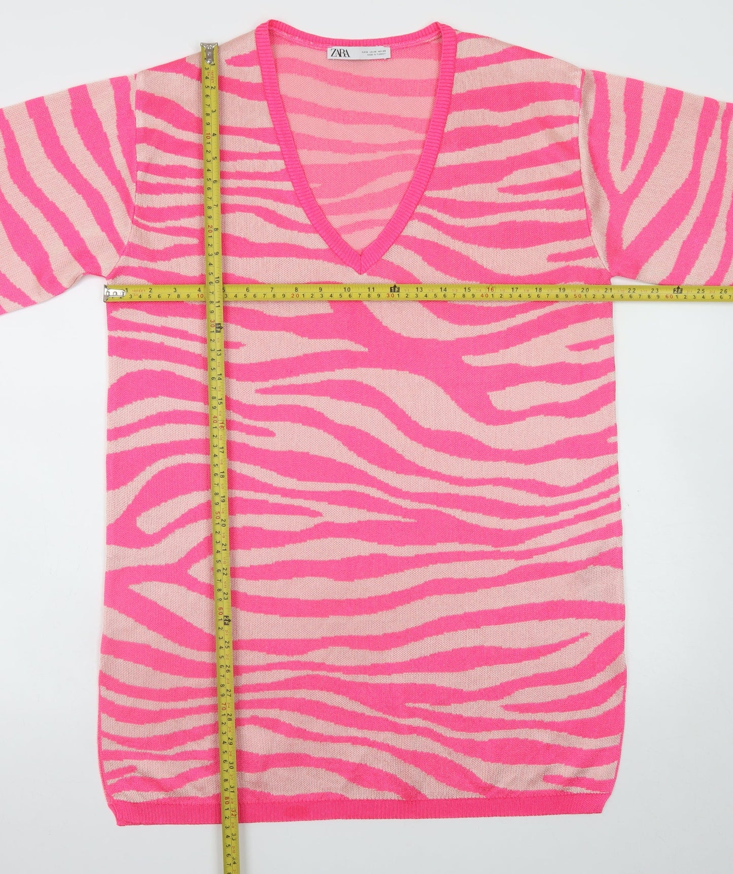 Zara Women Pink Animal Print Knit V-Neck Shift Dress M