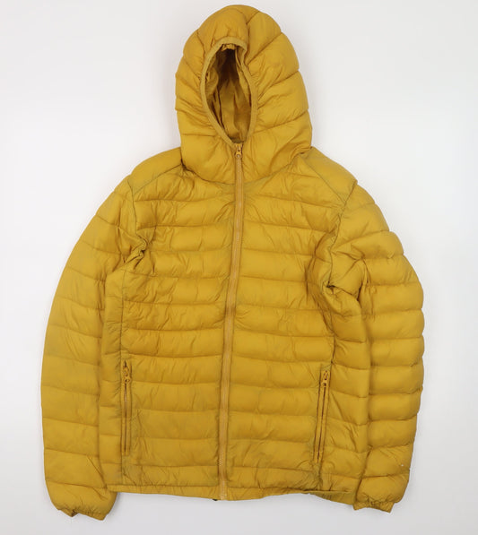 Joy@Spirit Women Yellow Hooded Puffer Jacket S Quilted Zip