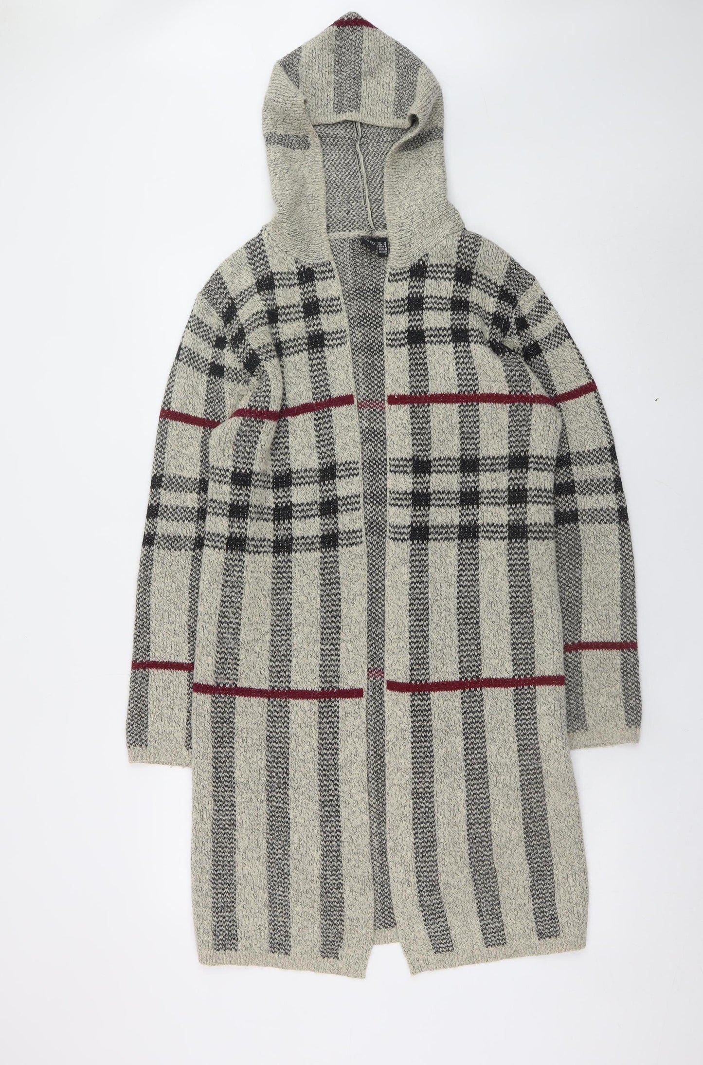 Izabel London Women Grey Hooded Long Cardigan UK 10 Checked Knit