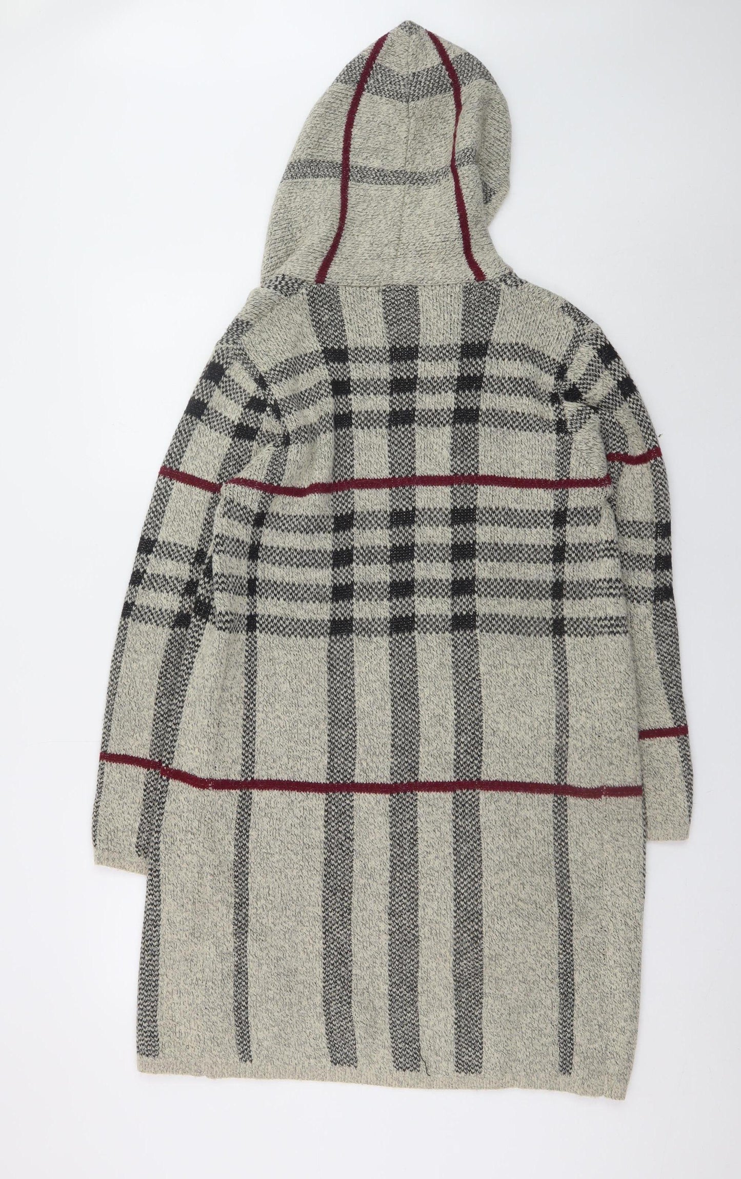 Izabel London Women Grey Hooded Long Cardigan UK 10 Checked Knit