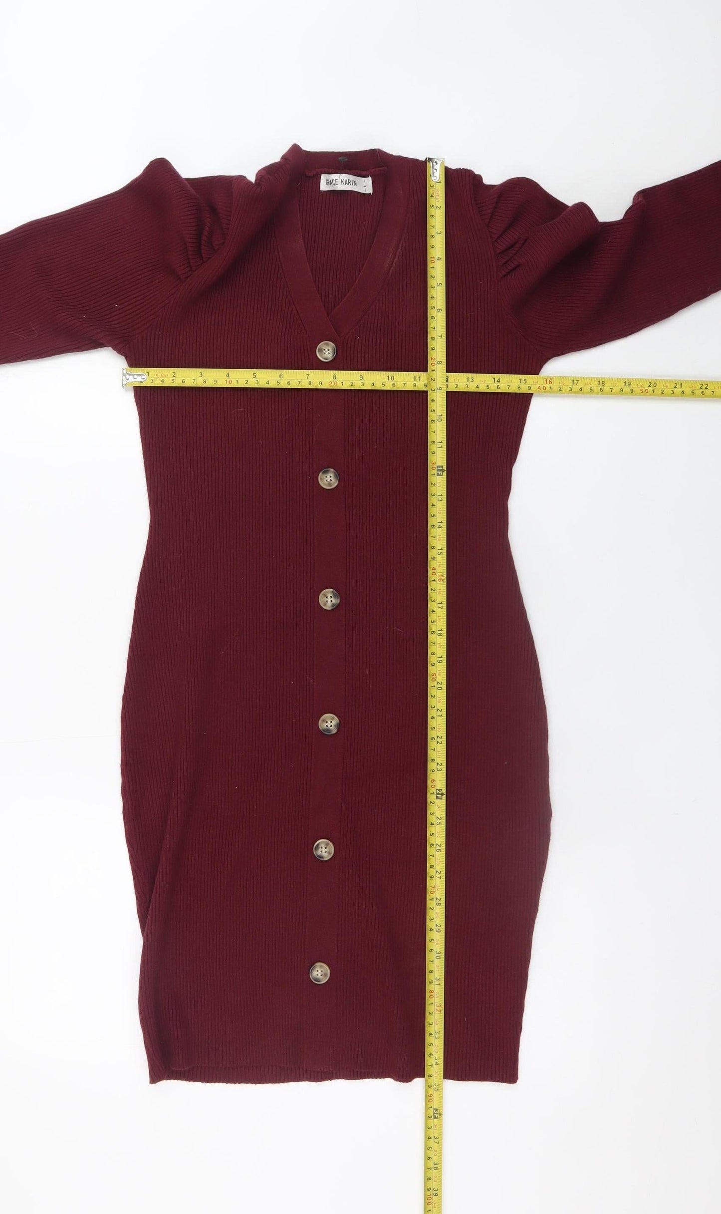 Grace Karin Women Red Knit Bodycon Button Dress Size L