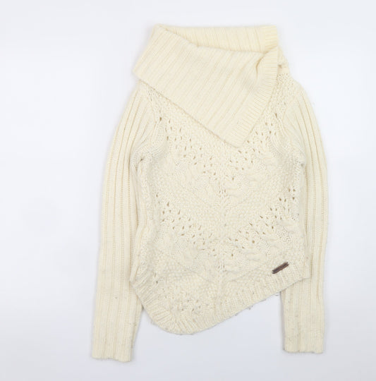 River Island Women Ivory Wool Blend Cowl Neck Cable Knit Jumper Size 8
