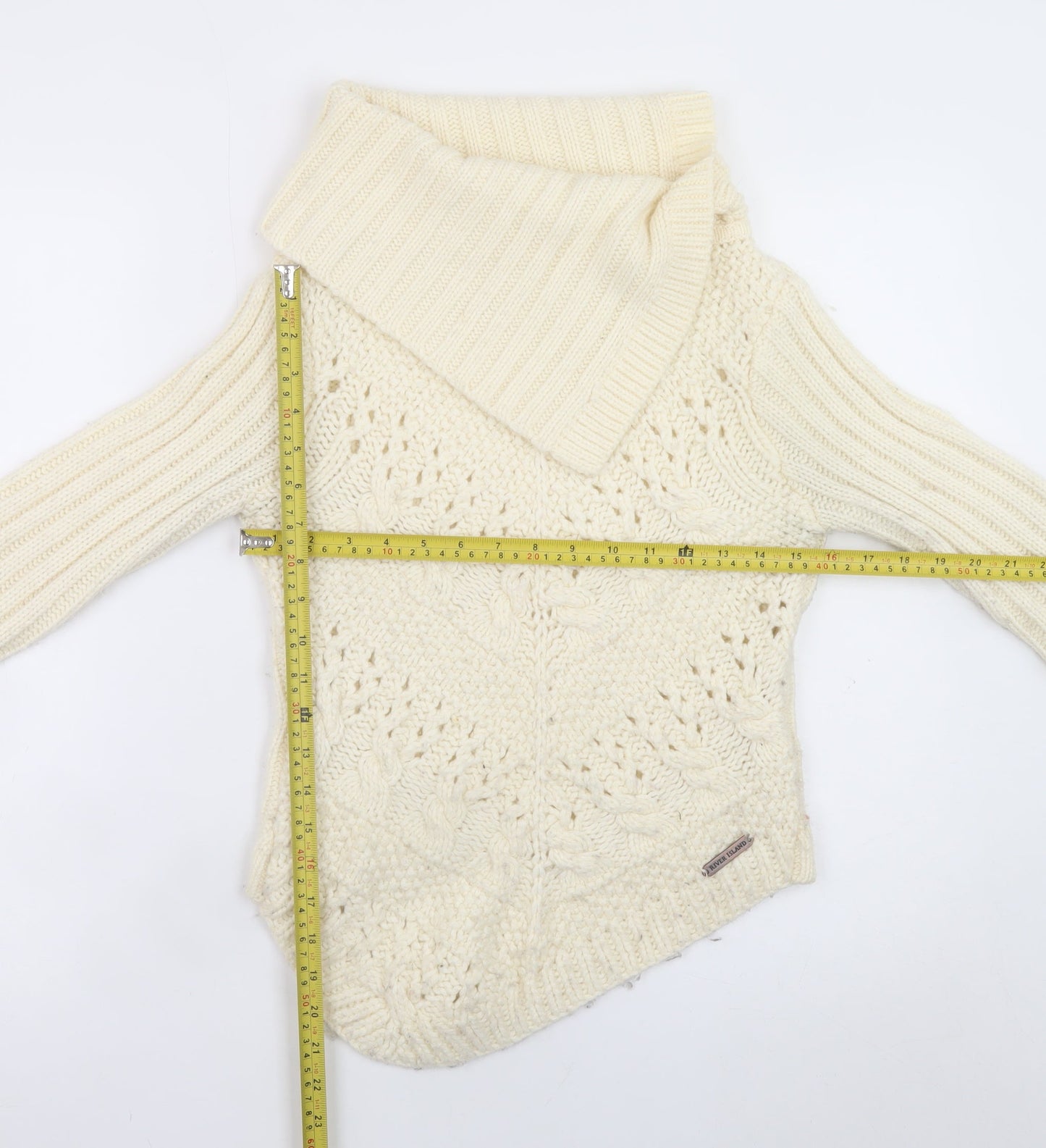 River Island Women Ivory Wool Blend Cowl Neck Cable Knit Jumper Size 8