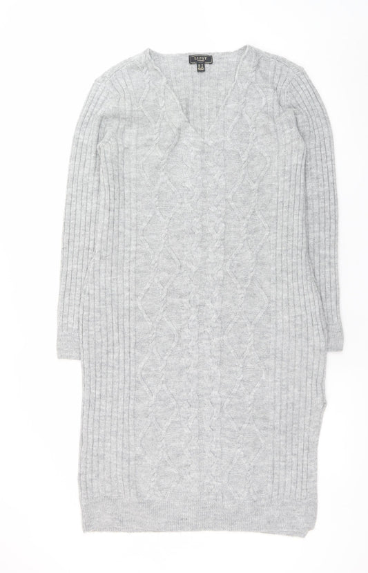 Lipsy Women’s Grey Knit Jumper Dress Size 10 V-Neck Long Sleeve