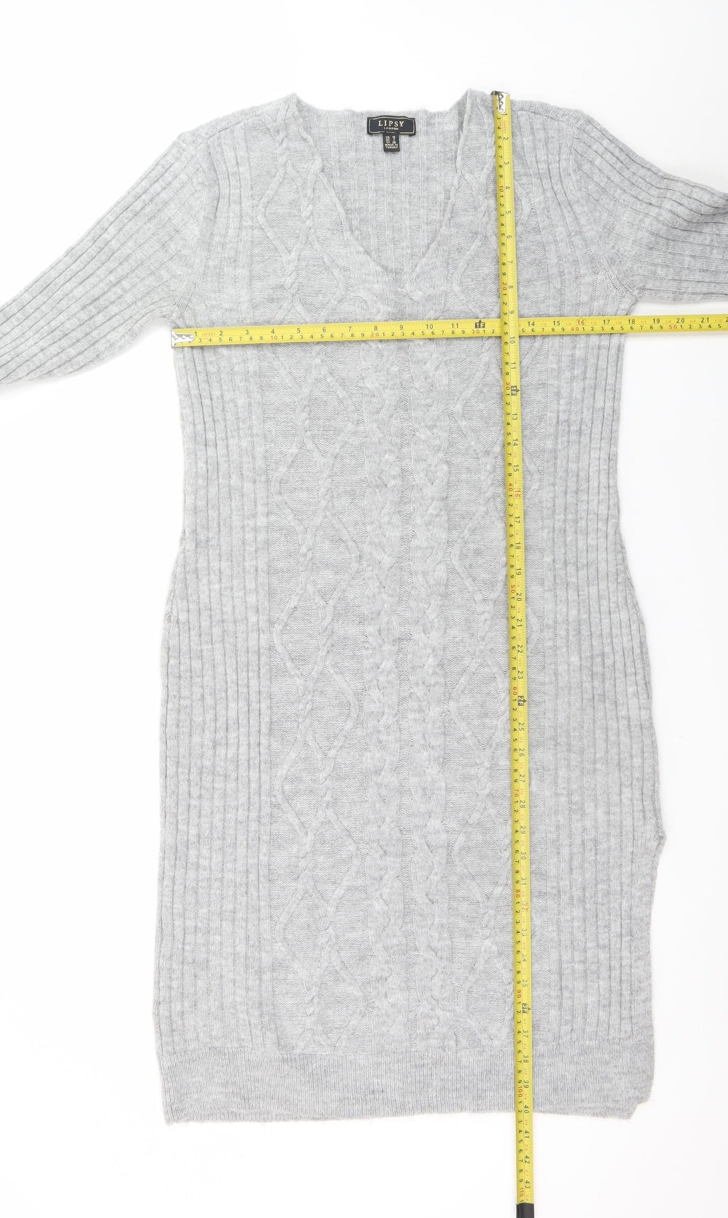 Lipsy Women’s Grey Knit Jumper Dress Size 10 V-Neck Long Sleeve