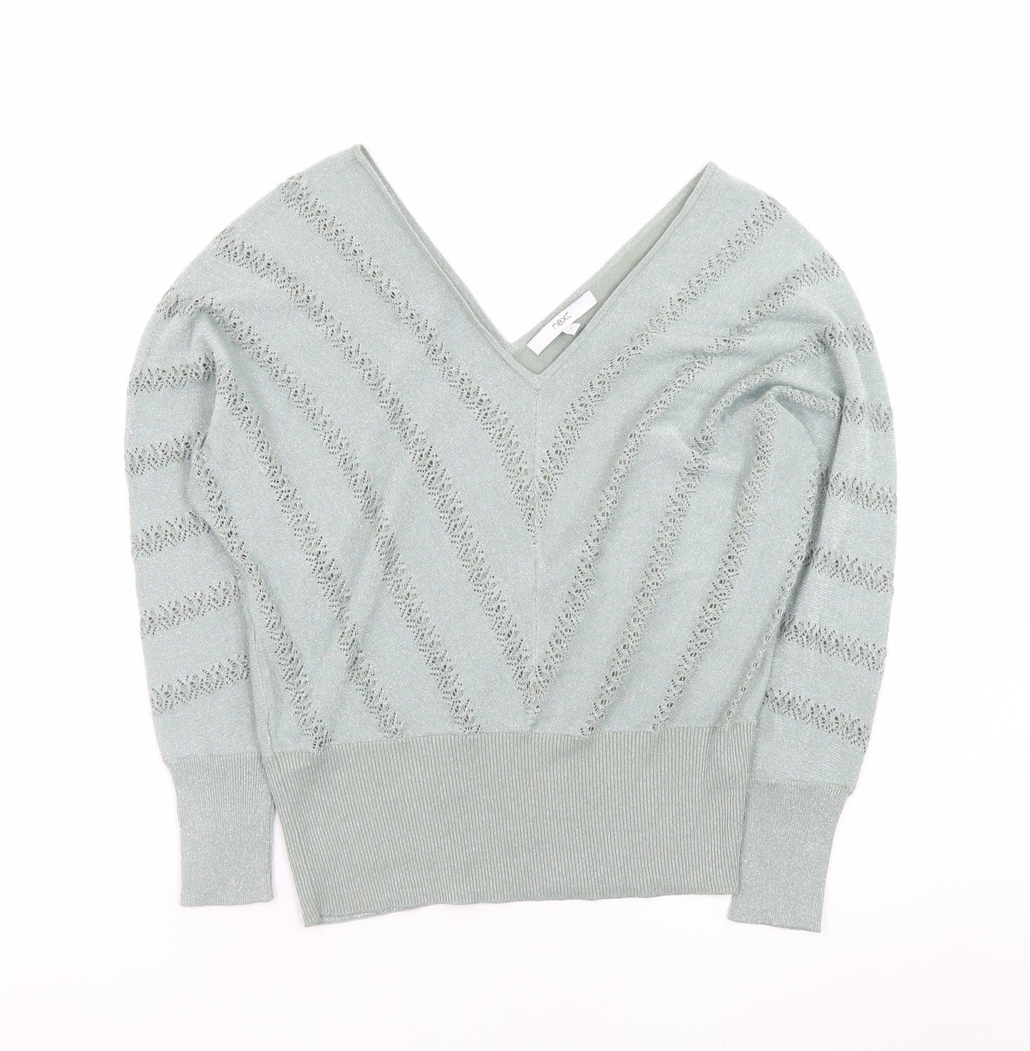 Next Womens Green V-Neck Open Knit Jumper Size 8