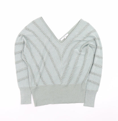 Next Womens Green V-Neck Open Knit Jumper Size 8