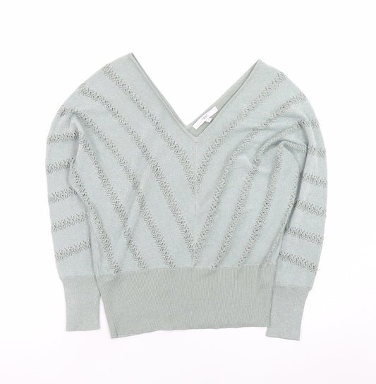 Next Womens Green V-Neck Open Knit Jumper Size 8