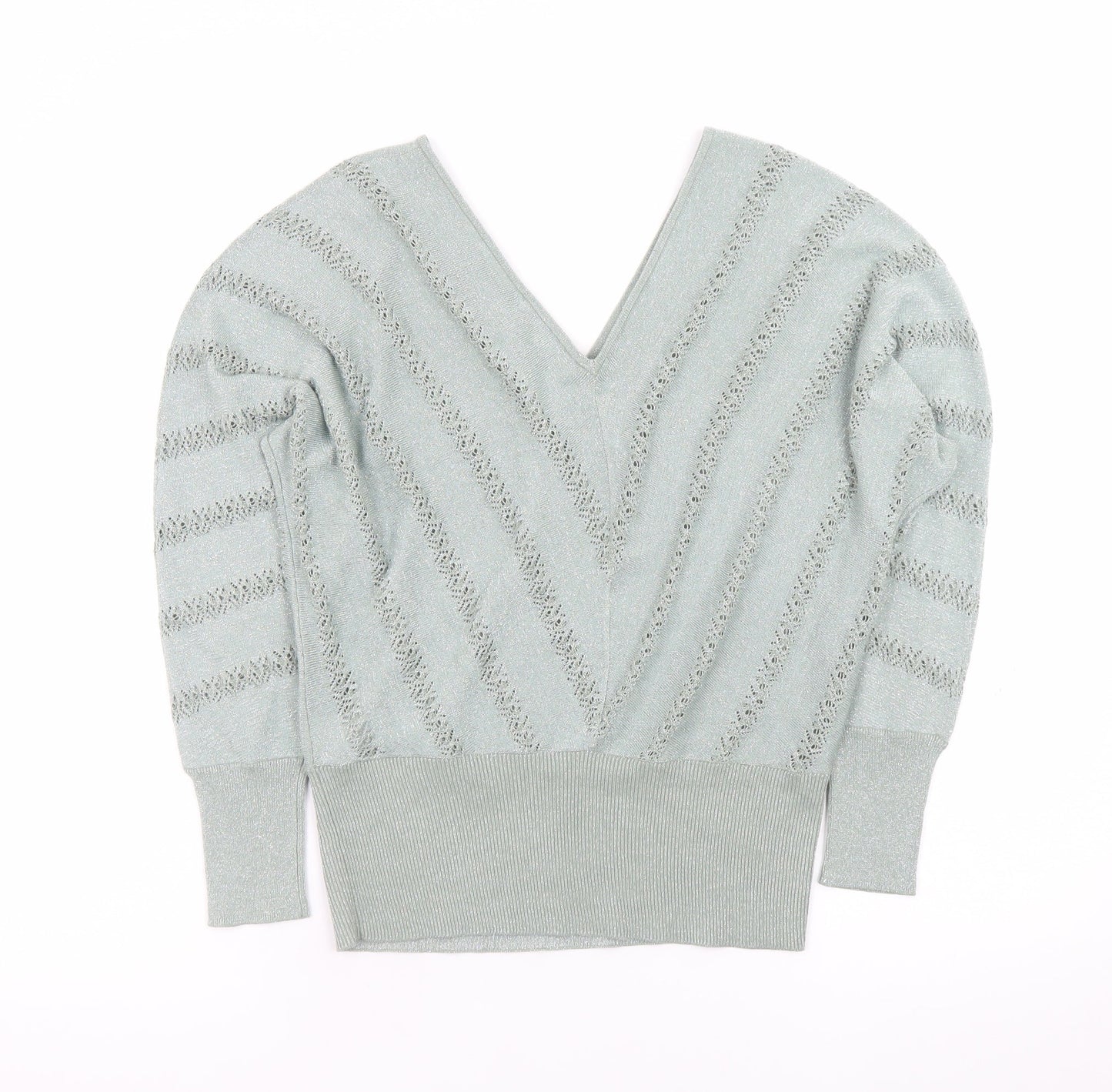 Next Womens Green V-Neck Open Knit Jumper Size 8