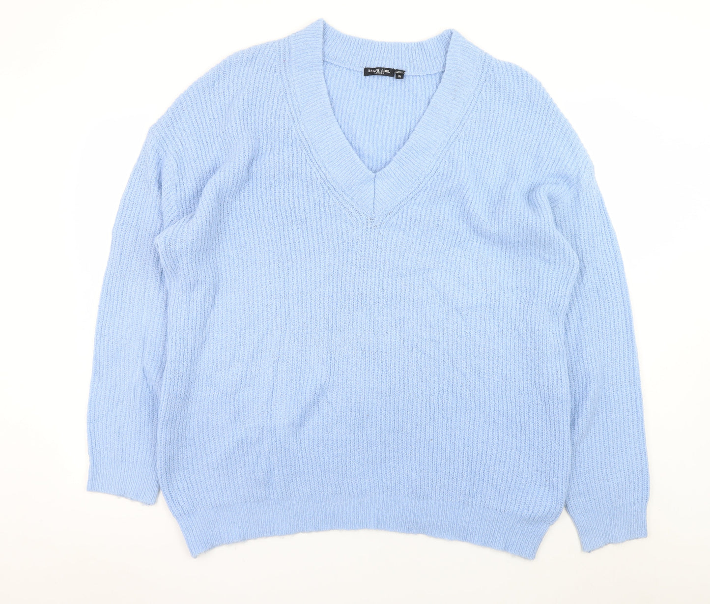 Brave Soul Women Blue V-Neck Knit Pullover Jumper Size 16