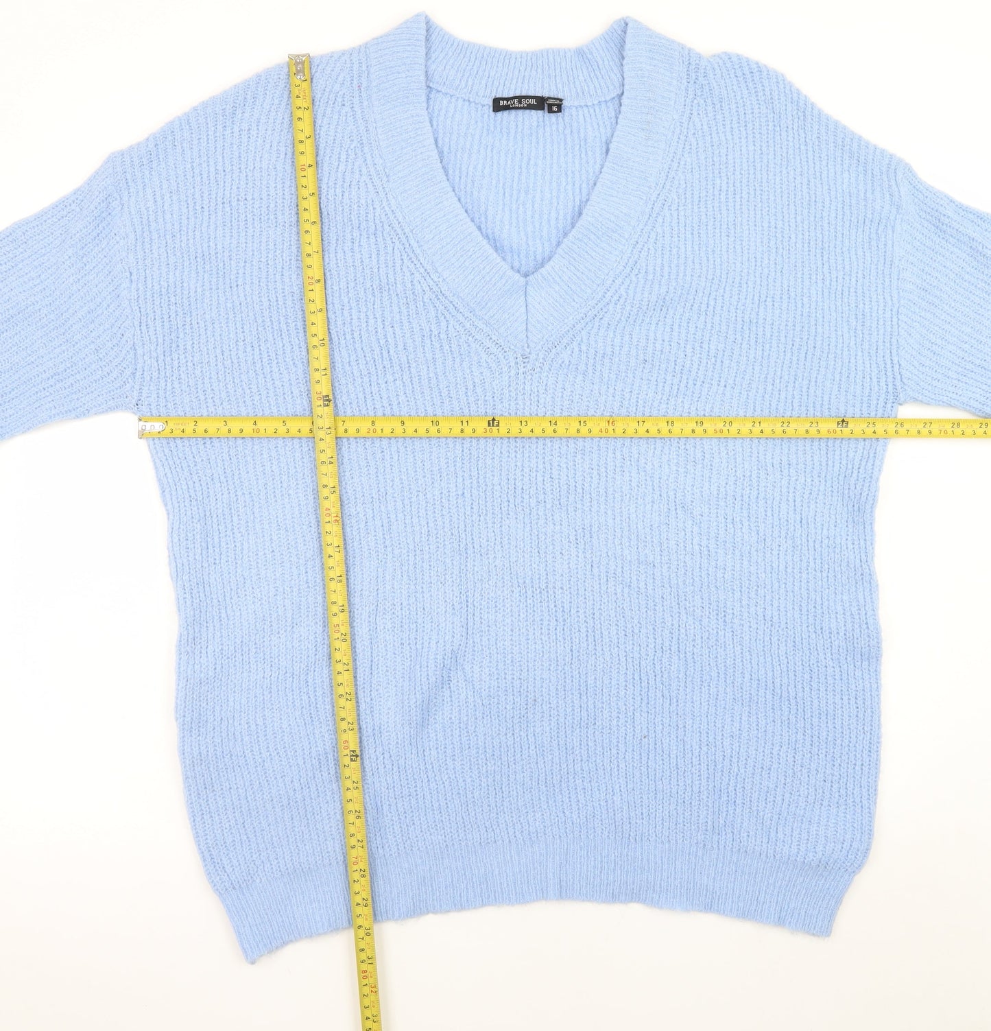 Brave Soul Women Blue V-Neck Knit Pullover Jumper Size 16