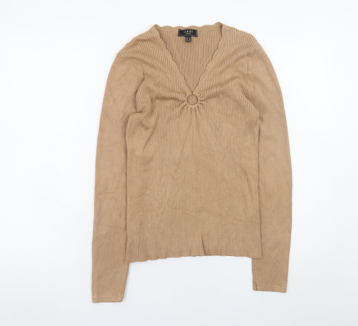 Lipsy Women’s Beige V-Neck Long Sleeve Knit Jumper Size 14